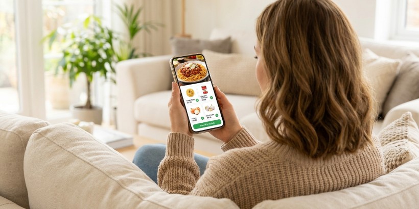 Over-the-shoulder view of a woman at home using a supermarket shopping app to add recipe ingredients to her basket